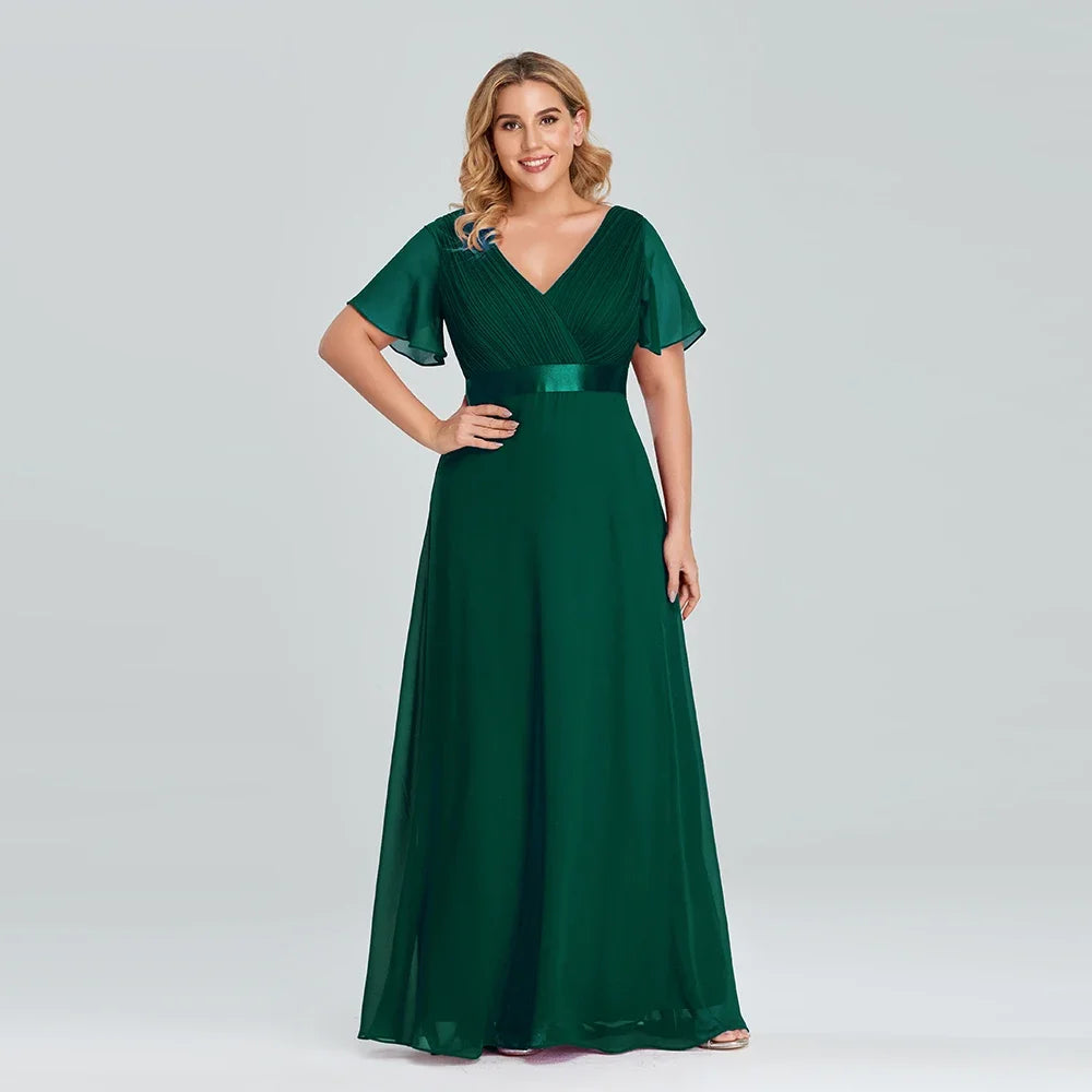 Prom Dresses Plus Size Evening Dresses Long  Elegant A Line V Neck Ruffles Chiffon Formal Wedding Party Dress Robe De Soiree