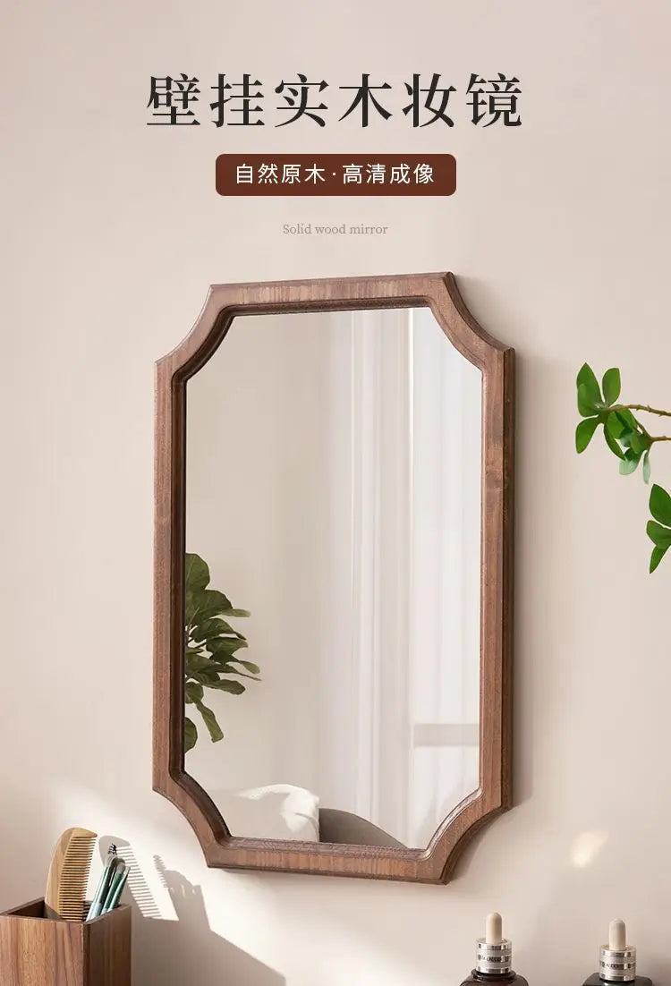 Retro Solid Wood Dressing Mirror Makeup Mirror Wall-mounted Bathroom Toilet Wall-mounted Punch-free Rectangular Bathroom Mirror
