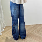Summer Women Jeans Floral Embroidery Straight Trousers Designer Streetwear Casual Hollow Out Vintage High Waist Denim Long Pants