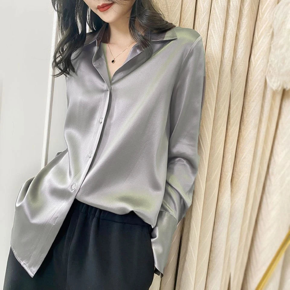 2026 Summer Trend Fashion Women's Casual Elegant Satin Long Sleeved Shirt Office Women's Shirts And Blouses Slim Femal Clothes