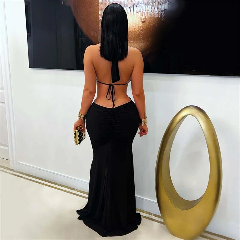 Sexy Halter Backless Mermaid Evening Dresses Woman Nightclub Prom Celebrity Metal Ring Bandage High Split Party Long Dress Robes