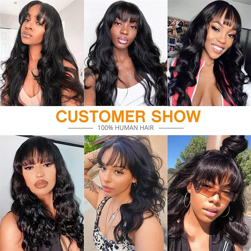FUGANGXIU-12A Body Wave Human Hair Wig With Bang Full Machine Made Glueless Wear And Go Brazilian Virgin Hair Natural Color