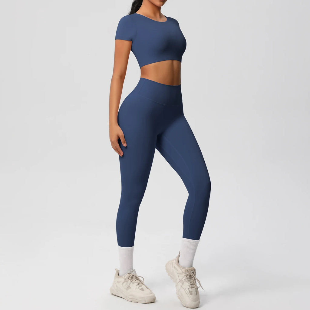 2PCS Woman Gym Sports Yoga Set Knitted Slim Workout Top Short Sleeve Quick Drying Legging Fitness Pants Running Sports Yoga Suit