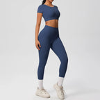 2PCS Woman Gym Sports Yoga Set Knitted Slim Workout Top Short Sleeve Quick Drying Legging Fitness Pants Running Sports Yoga Suit