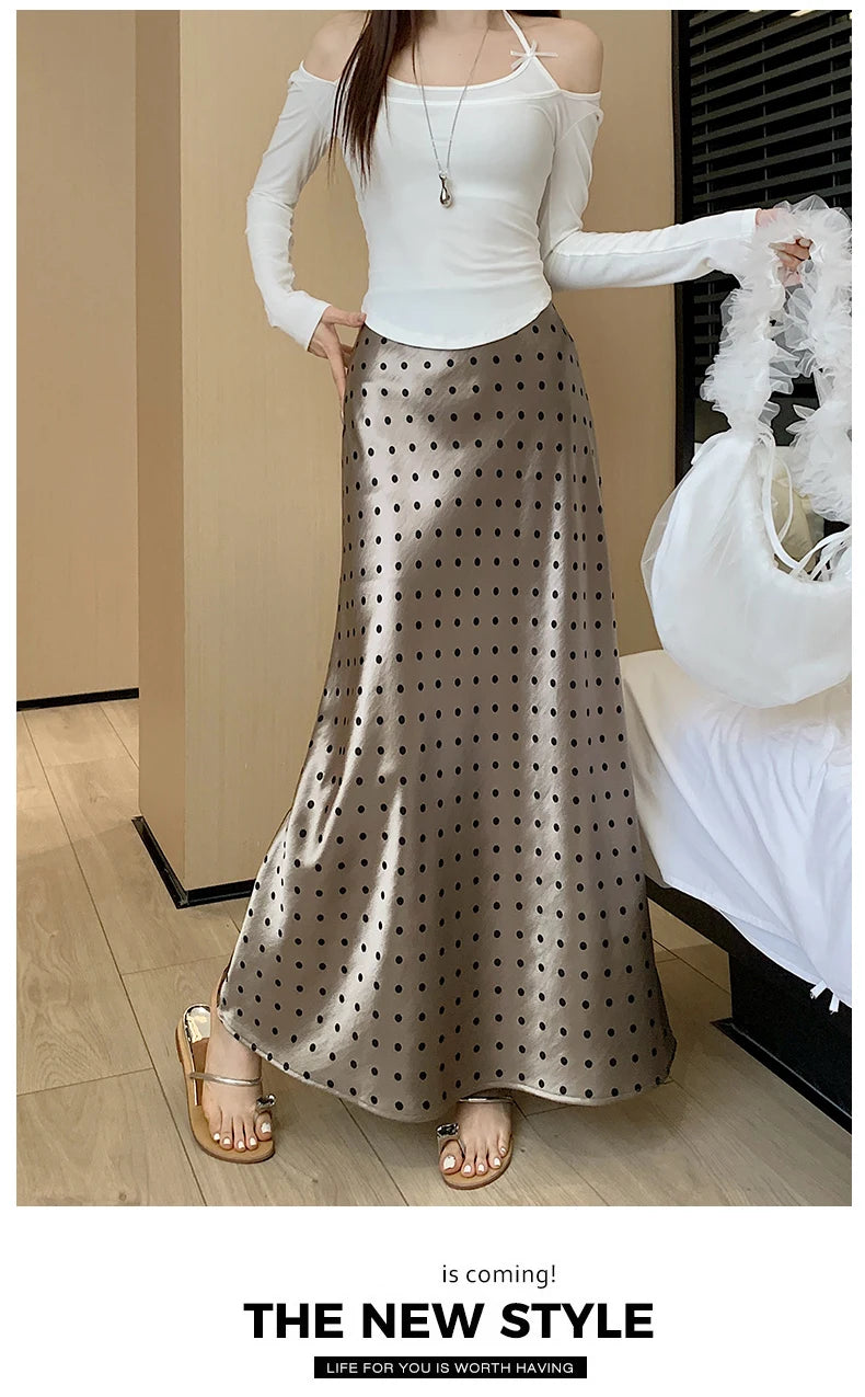 Women Polka Dot Acetate Satin Mermaid Maxi Skirt High-Waisted Slimming Fishtail Hem with Draped Elegance for Spring Autumn