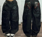 Harajuku Vintage Hip-hop Pop Letters Embroidered Washed Baggy Jeans Ladies Y2K Gothic Fashion Casual High Waist Wide Leg Pants