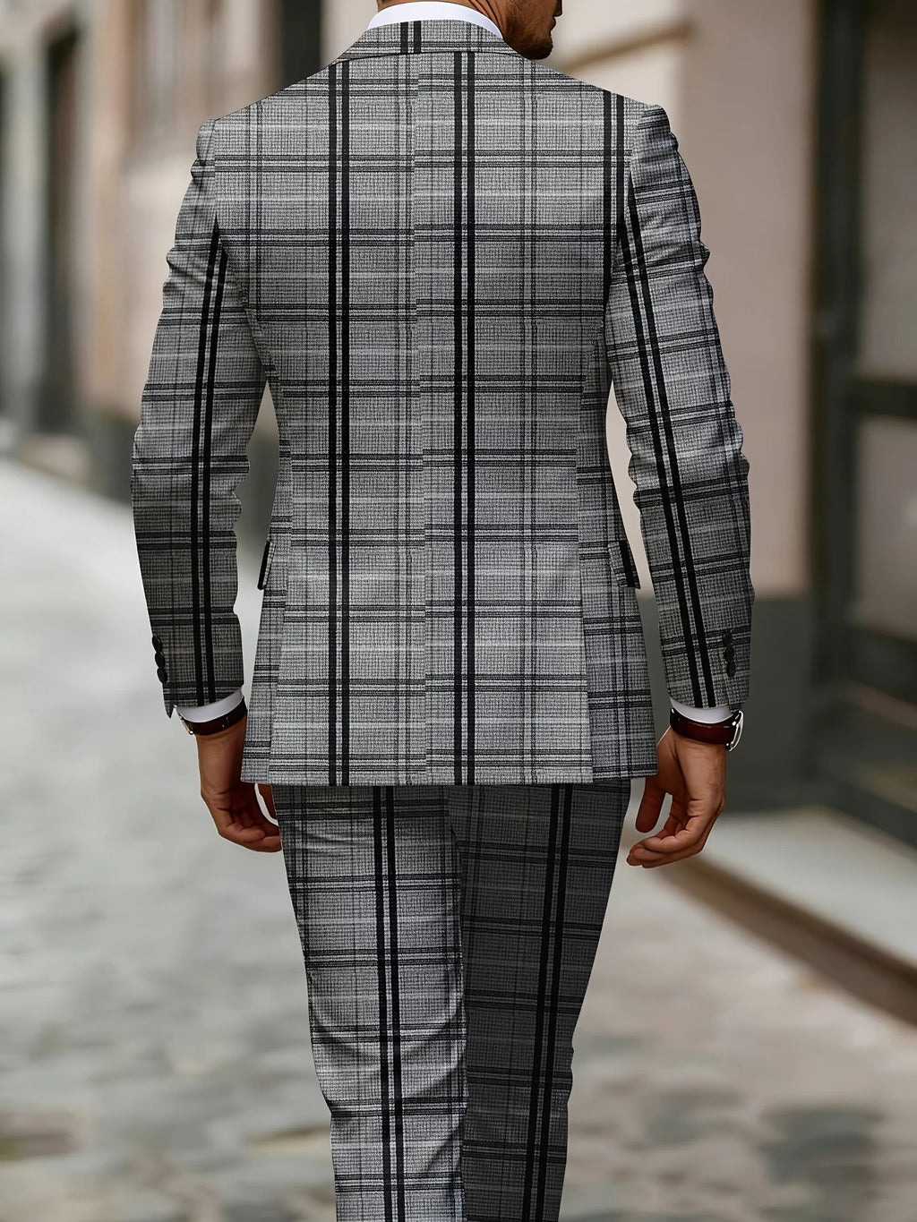 European American Style Men's Business Fashion High Quality Grey Two-Piece Suit Plaid Print Casual Style