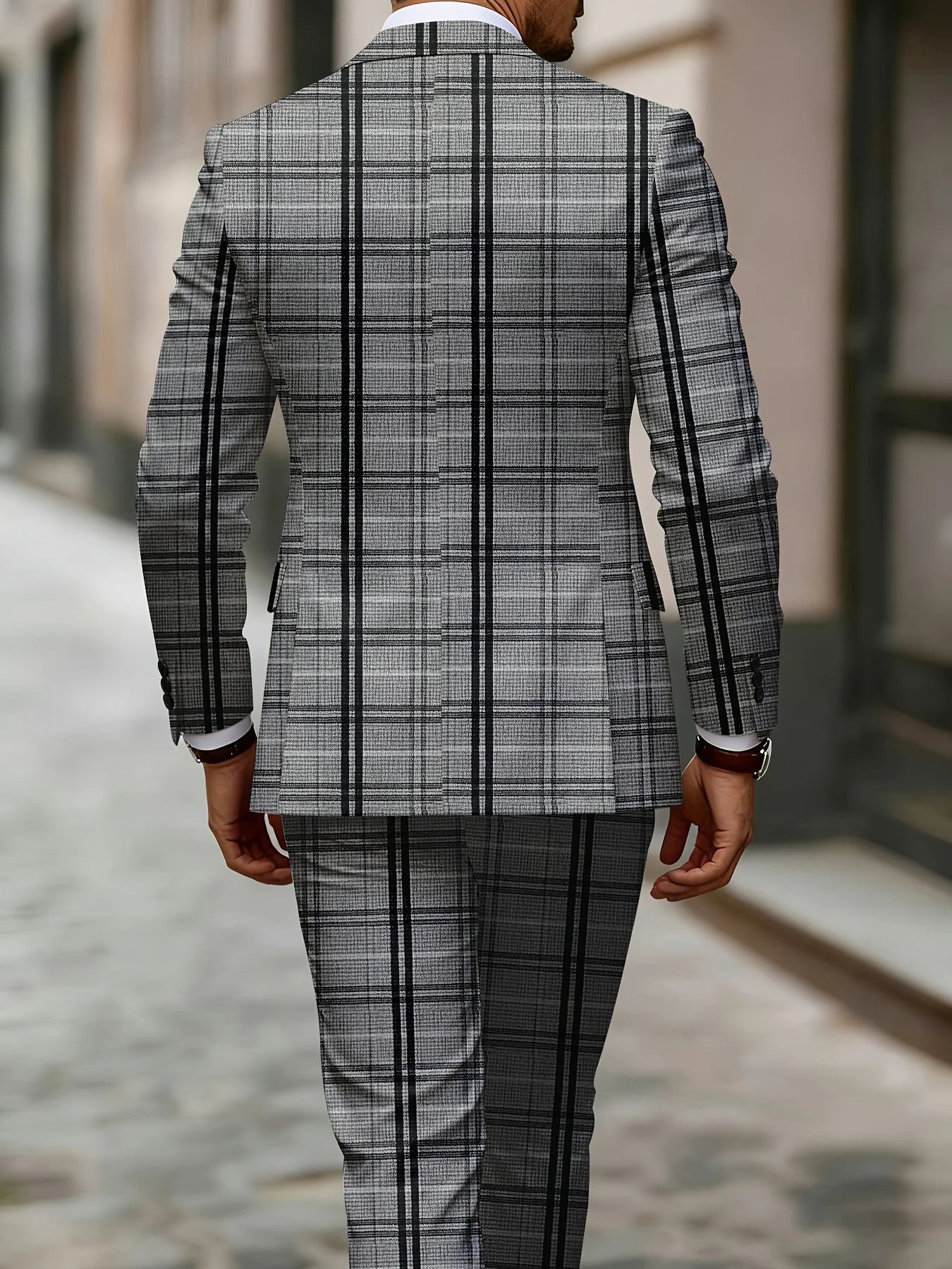 European American Style Men's Business Fashion High Quality Grey Two-Piece Suit Plaid Print Casual Style Secondary image
