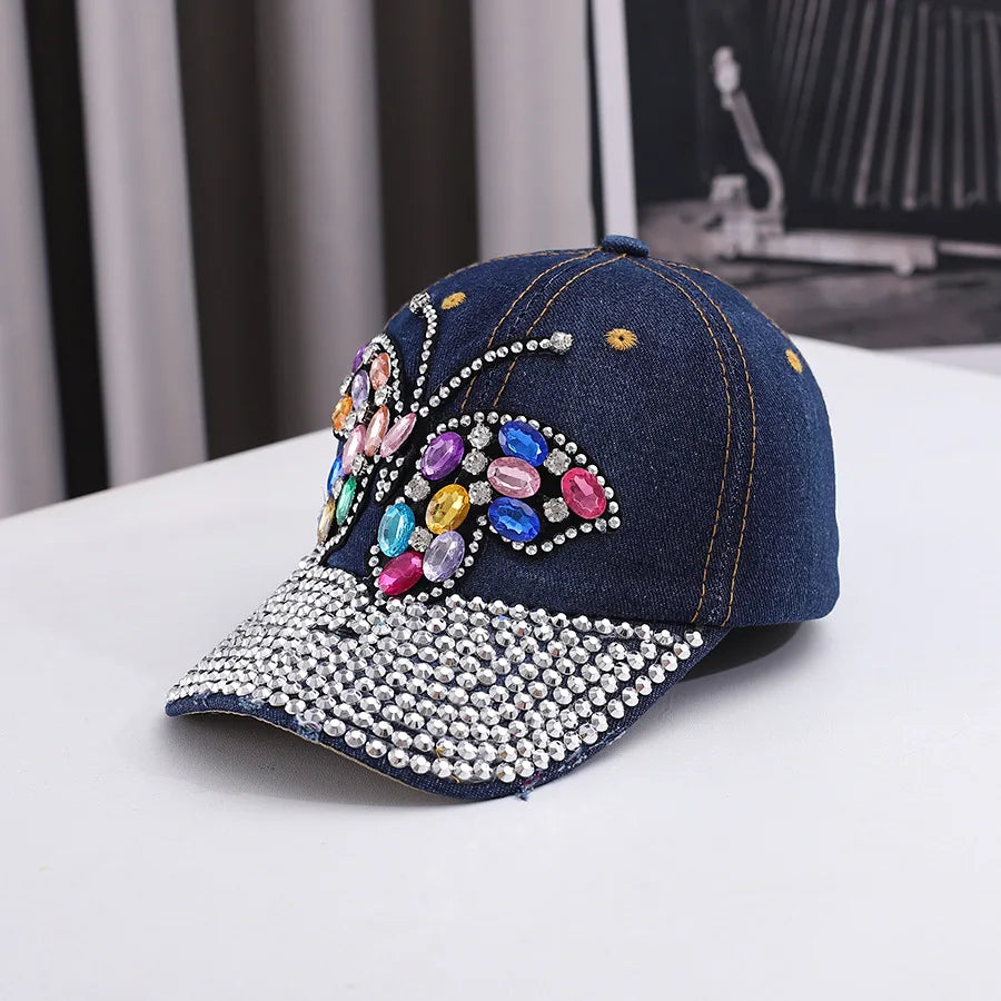 Fashionable And Versatile Outdoor Casual Baseball Cap With Colorful Diamond Inlay, Trendy Butterfly, Middle-Aged Duckbill Cap