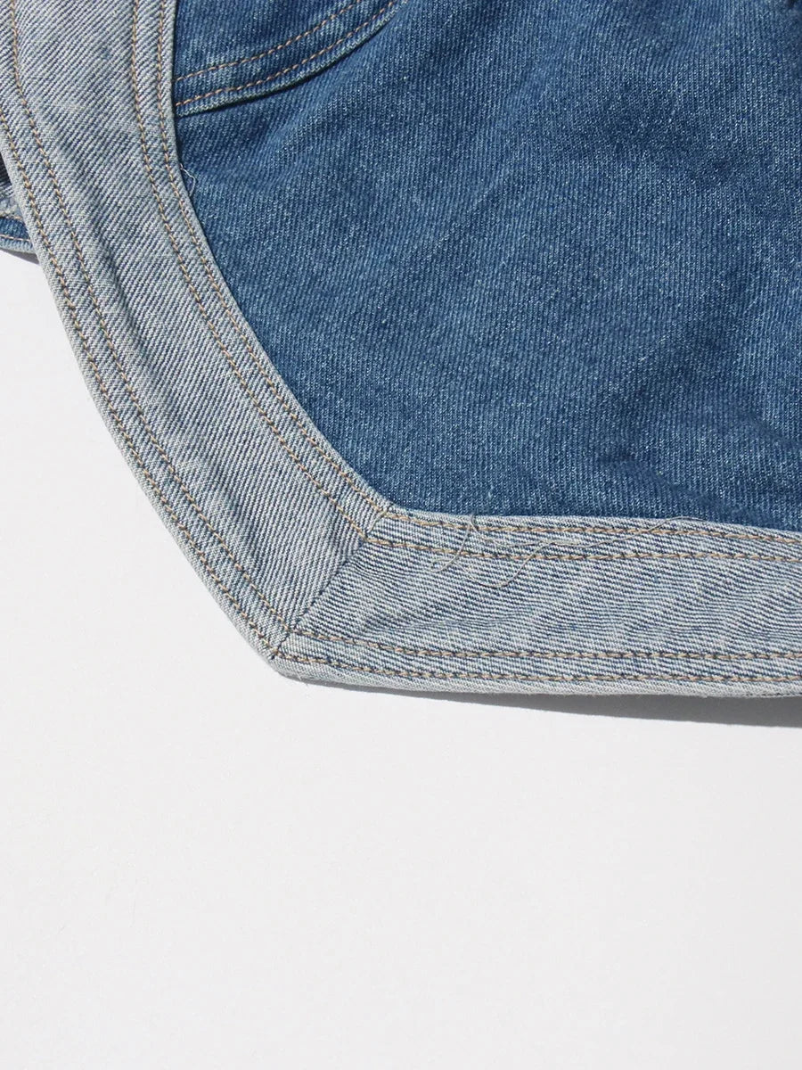 TWOTWINSTYLE Soild Two Piece Sets for Women Straplelss Sleeveless Vest High Wiast Patchwork Hollow Out Jeans Elegant Set Female