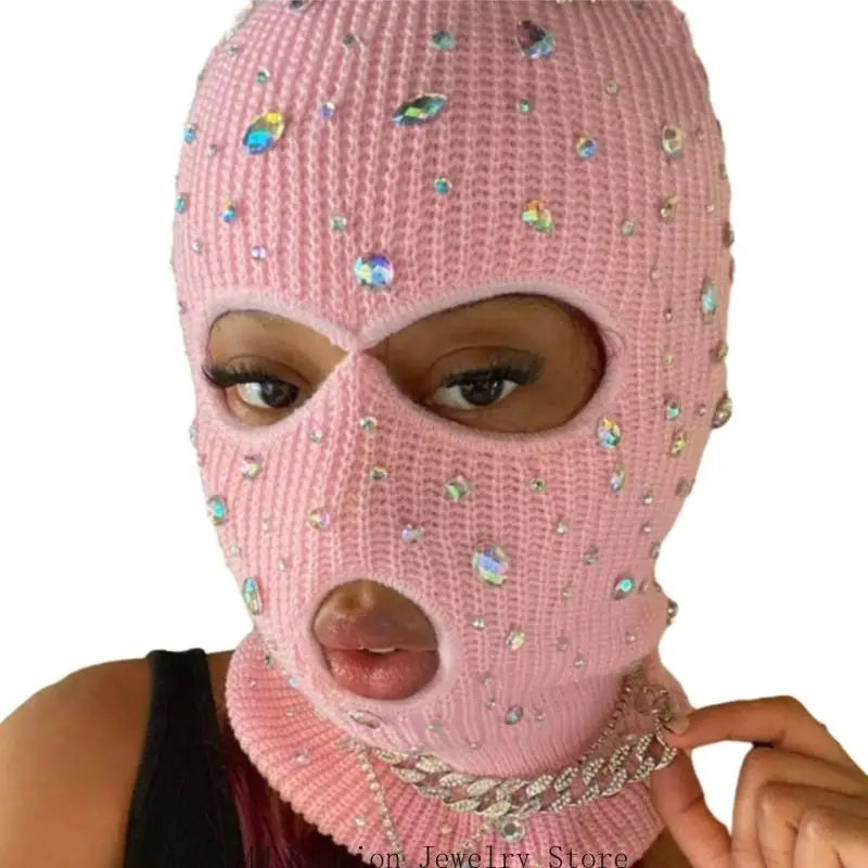 D0UB Knitted Hooded Face Cover Encrusted Halloween Cosplay Balaclava Outdoor