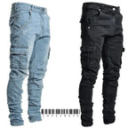 Men Street Elastic Denim Jeans Wash Solid Color Multi Pockets Cargo Pants Casual Slim Fit Daily Wear Joggers Mid Waist Trousers