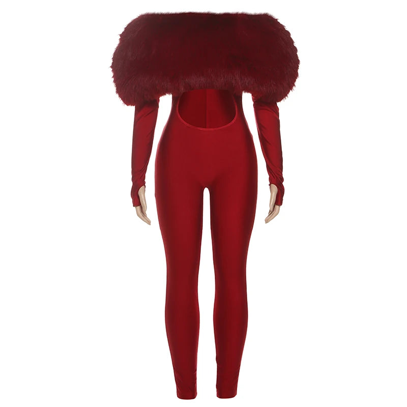 Kliou Furry Patchwork Slash Neck Jumpsuits Woman Autumn Trend Sexy Hollow Navel Exposed Skinny Peach Hip Hottie Fashion Clubwear