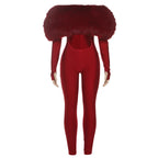Kliou Furry Patchwork Slash Neck Jumpsuits Woman Autumn Trend Sexy Hollow Navel Exposed Skinny Peach Hip Hottie Fashion Clubwear