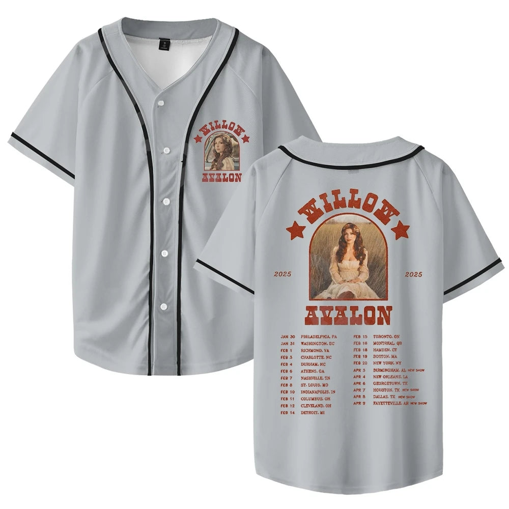 Willow Avalon Tour 2025 Baseball Jersey Hip Hop Shirts Fashion Jersey Casual Baseball Jacket Hip Hop Tshirt Cool Short Sleeve