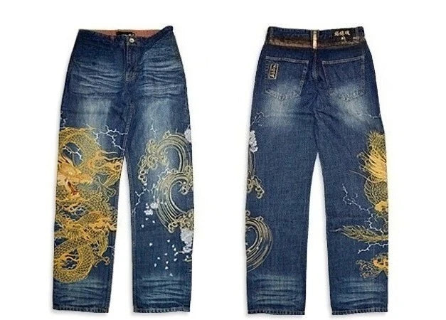 American Japanese Retro Selvedge Jeans Man Y2K High-end Brand Natural Indigo Dip Dyeing Harajuku Mopping Pants