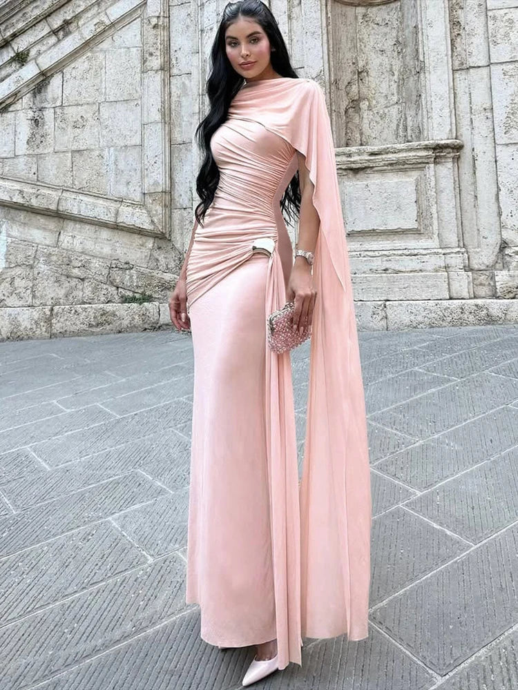 Kliou Ruched Elegant Gown Dress Woman o-Neck Sleeveless Ribbon Decoration Metal Trim High Waist Midnight Prom Party Long Bodycon