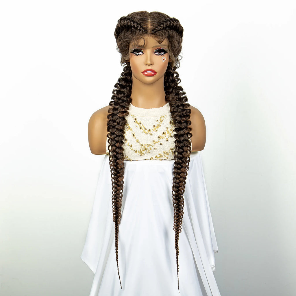 1B/30 Dark Brown Synthetic Lace Frontal Dutch Box Braided Wigs for Black Women Fishtail Braids Wigs with Baby Hair Cornrow Wigs