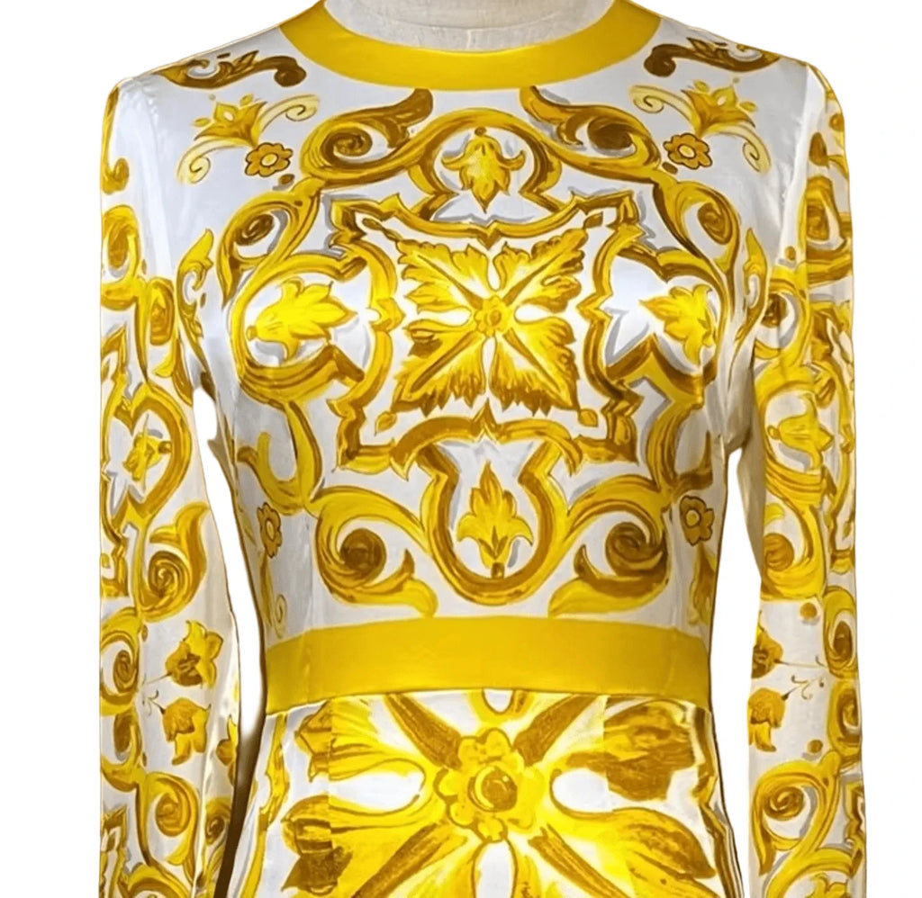 Designer Inspired 100% Silk Midi Dress 2026 Women Slim Fit Yellow Porcelain Print Luxury Holiday Party Runway Dress