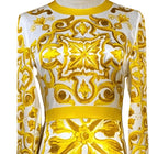 Designer Inspired 100% Silk Midi Dress 2026 Women Slim Fit Yellow Porcelain Print Luxury Holiday Party Runway Dress