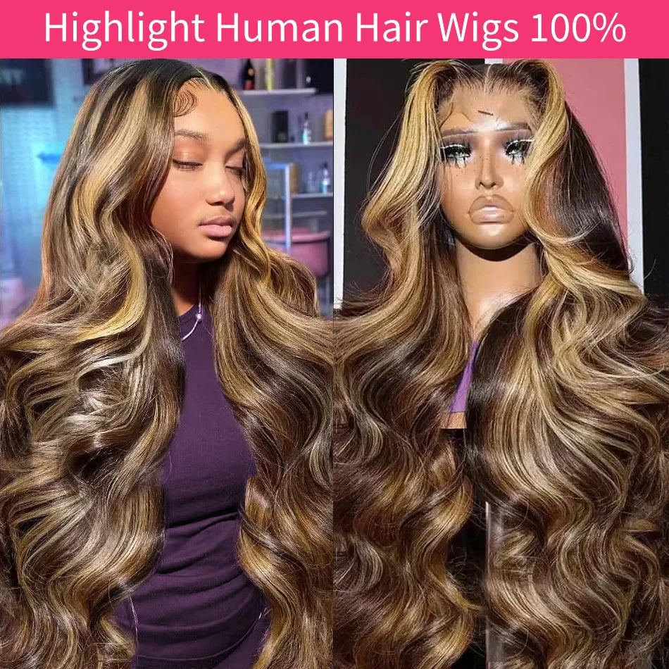 P1B30 Highlight Body Wave Human Hair Wigs 100%Human Hair Quality 13X6 Hd Lace Frontal Wigs 250 Density Brazilian Lace Front Wigs