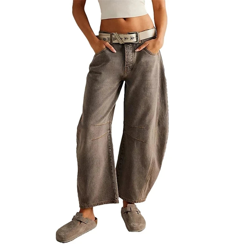 Midiross High Stretch Mid-Rise Barrel Jeans Fashion wide Leg Shape Women Casual Baggy Mid Waist Denim Pants