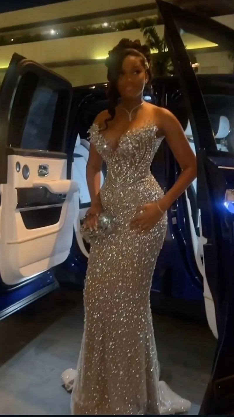 Sparkle Crystal Evening Dresses With Back Lace-up Black Girls Sequin Beaded Mermaid Wedding Party Gowns Luxery Customized