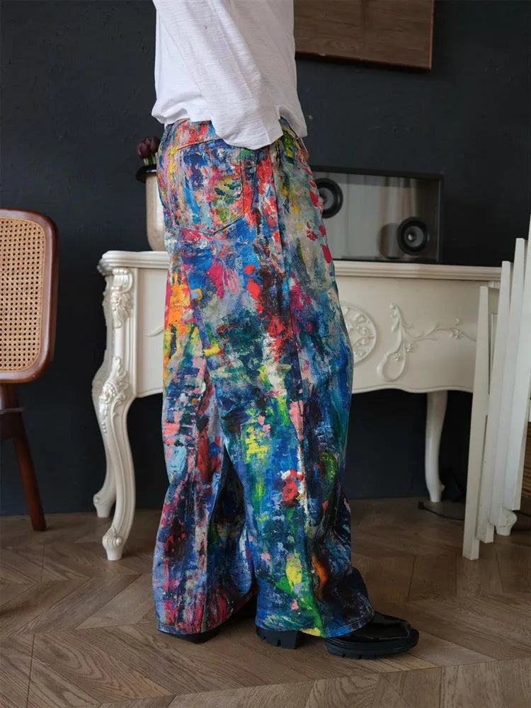 2025 Ropa Y2K Streetwear Graffiti Painting Baggy Jeans Pants For Men Designer Clothes Colorblock Kanye Wide Leg Denim Trousers