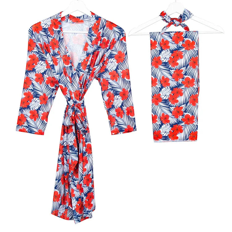 Maternity Robe,Matching Swaddle Set ,Mommy and Me Set, Floral Hospital Robe Bag,Baby Shower Gift,Mama Robe,Baby Girl Blanket