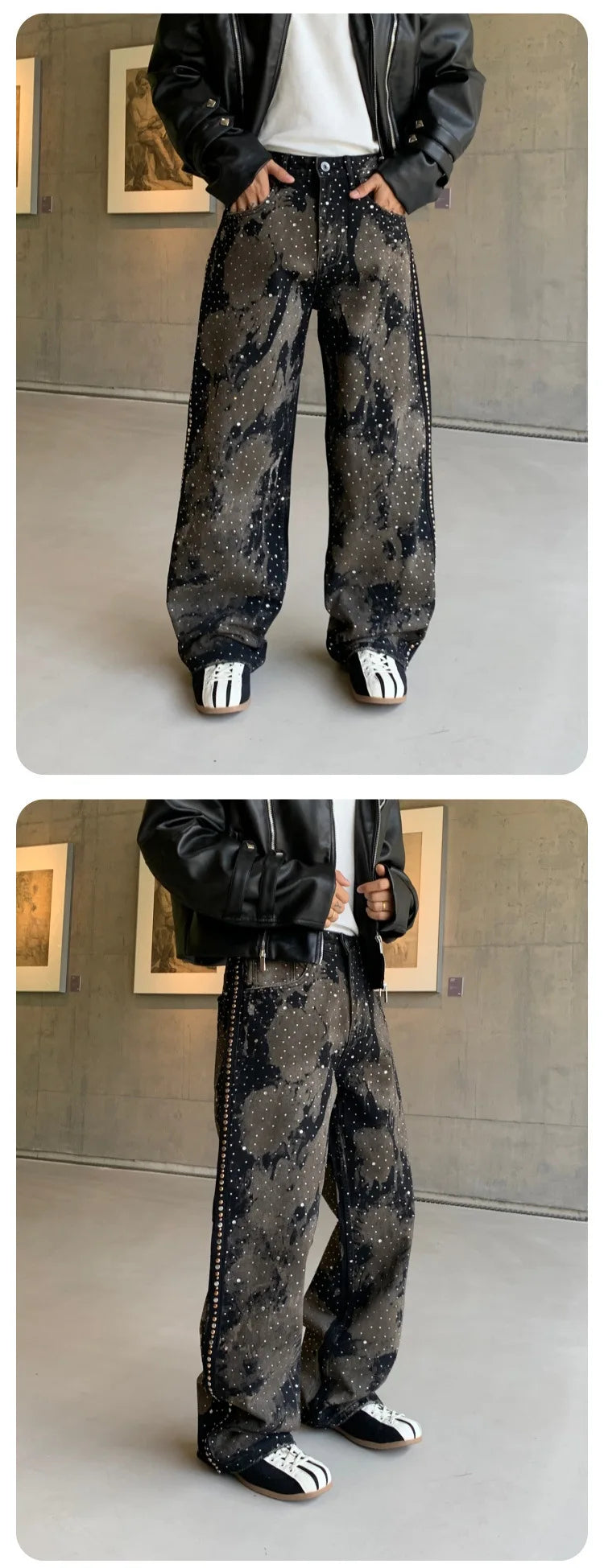 Pants Denim Men Jeans Wide Leg Long Pant Vintage Loose Hot Drilling High Waist Straight Trousers Y2k Streetwear Lace Up Spring