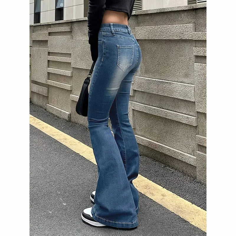 2026 Girls Concise Ins High Waist Flared Jeans Female Stretchy Bootcut Denim Pants Women Solid Color Thin Bell Bottoms Trousers