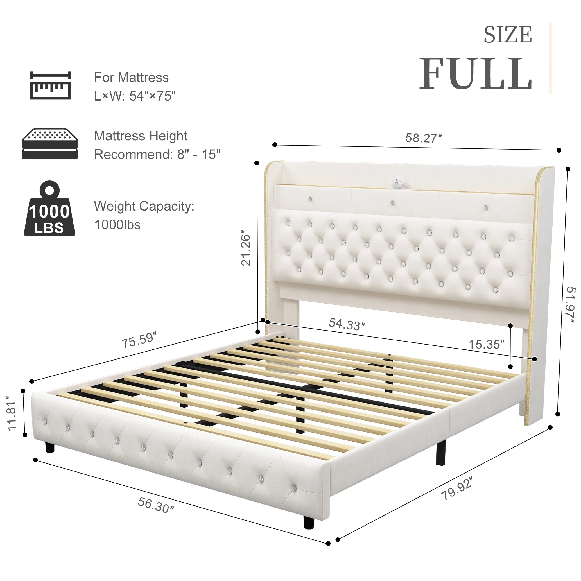 LED Bed Frame with Galaxy Star Projector, Platform Bed with Charging Station, 52" Wingback Storage Headboard, No Box Spring