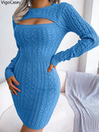 VigoCasey 2026 Blue Casual Short Knit Dress Autumn Winter Women Long Sleeve Dress Sexy Lady Solid Hollow Bodycon Knitted Dresses