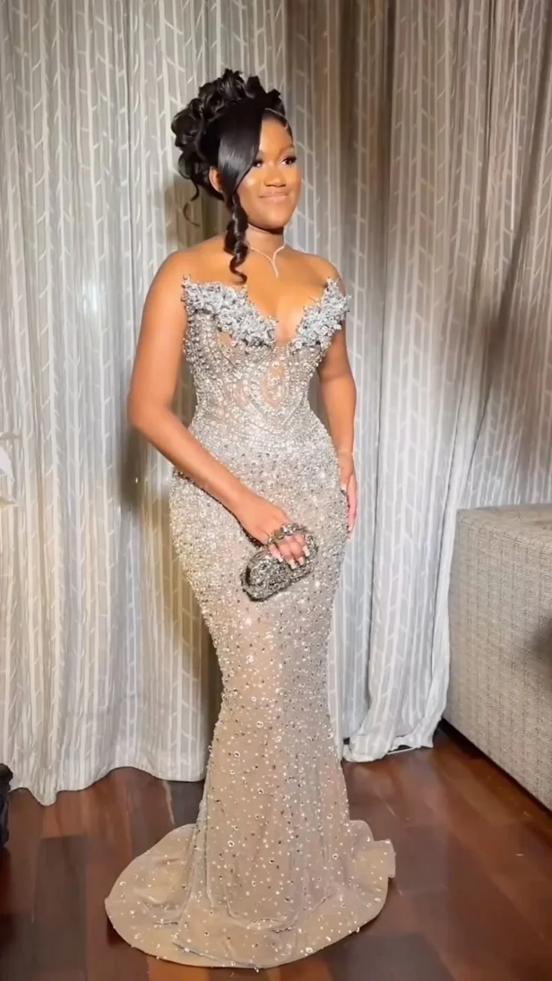 Sparkle Crystal Evening Dresses With Back Lace-up Black Girls Sequin Beaded Mermaid Wedding Party Gowns Luxery Customized