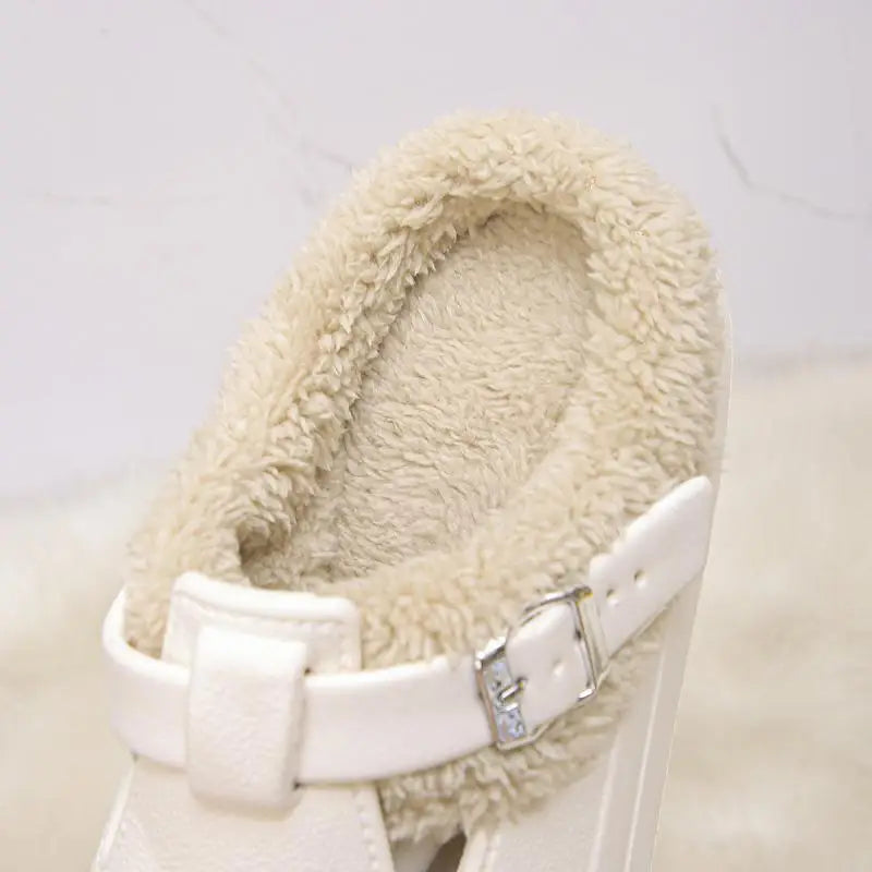 Waterproof Eva Furry Mules Slippers Women 2025 Winter Metal Buckle Warm Plush Slippers Soft Thick Bottom Non Slip Indoor Slides