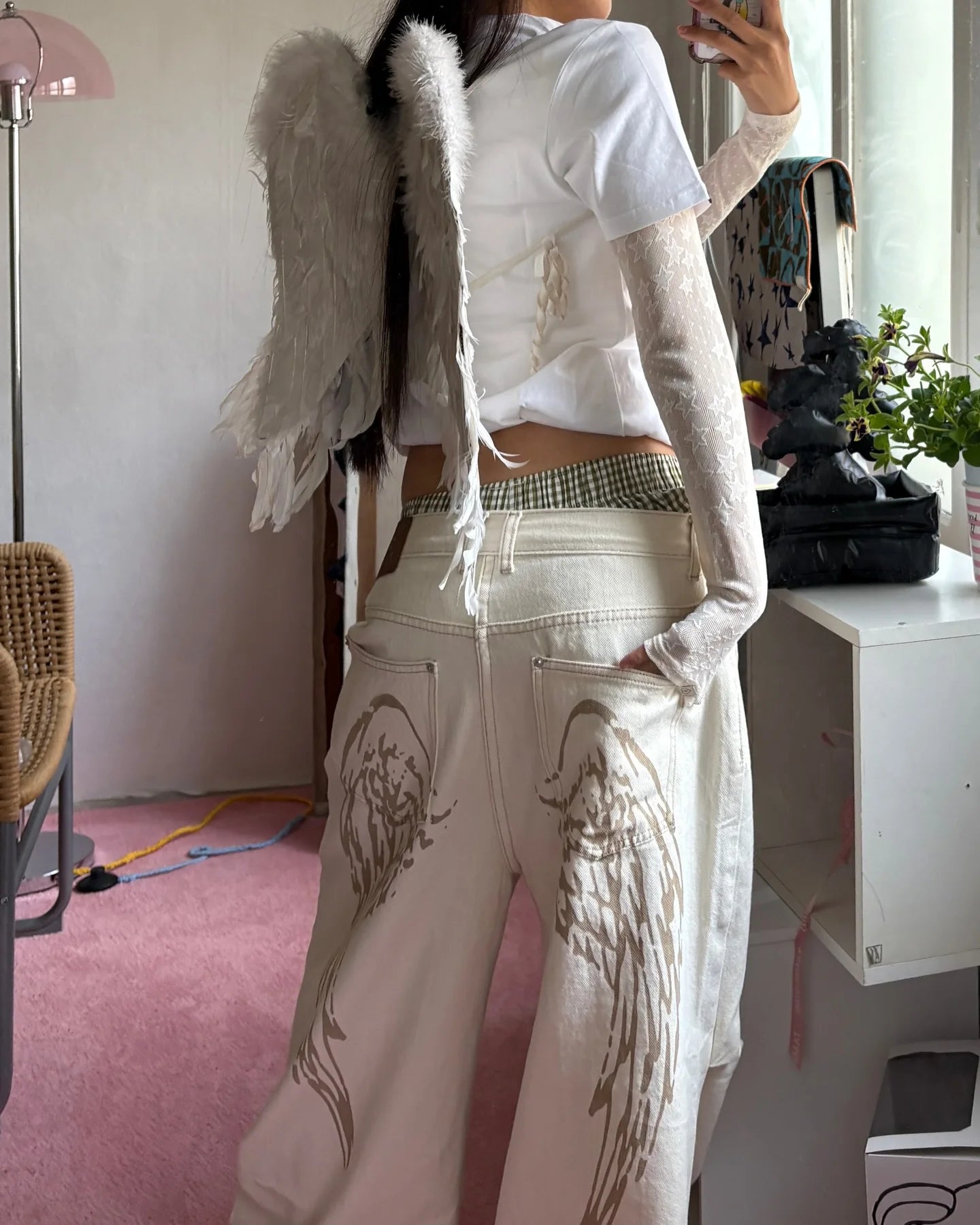 Y2k Trendy Korean Style Jeans Harajuku Retro Simple Angel Print Loose Jeans Fashion New Low Rise Solid Color Straight Leg Pants Main image