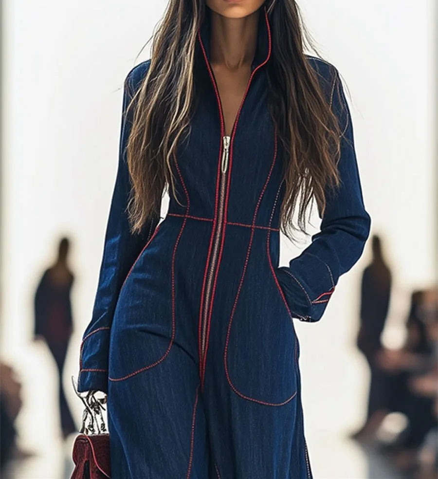 Jumpsuits For WomanFashion Casual Autumn/Winter Long Sleeve V-neck Pockets Solid Color Zipper Wide Leg Jumpsuits Jumpsuit Woman