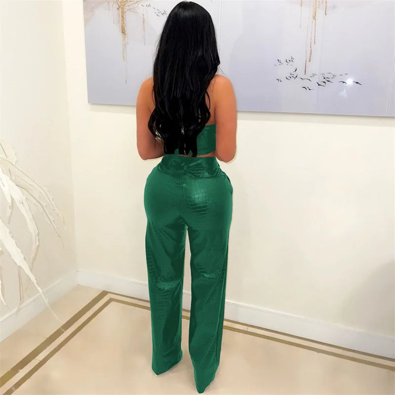 PU Faux Leather 2 Pieces Set for Woman Outfit Birthday Party Club Sleeveless Strapless Crop Top and Wide Leg Pants Matching Sets