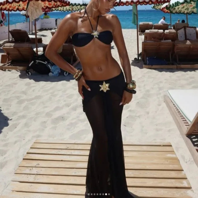 2025 New Bikini Three-Piece Set Metal Accessories High-End Beach Photo Shoot Strapless Fish Tail Long Skirt Sexy Swimwear
