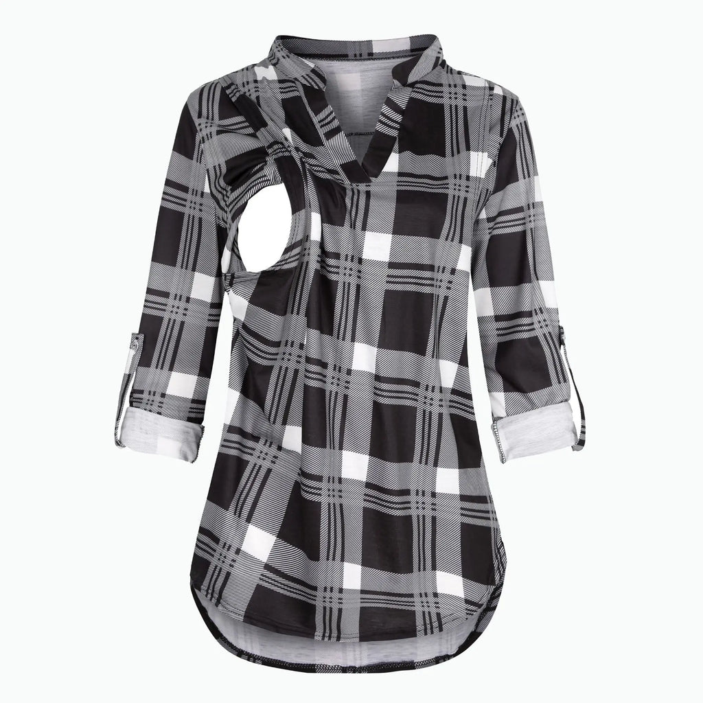 Women's Maternity Breastfeeding T-shirt V-Neck Solid Color Long Sleeve Nursing Tops Clothes for Pregnant Women