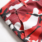 Men Red Camouflage Print Jeans Casual Slim Straight Pants Contrast Color Streetwear Trousers
