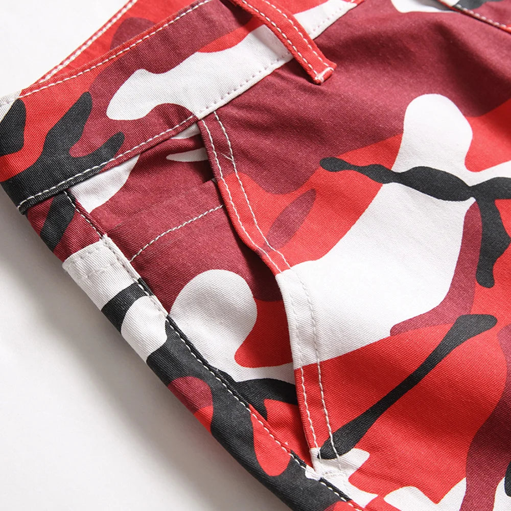 Men Red Camouflage Print Jeans Casual Slim Straight Pants Contrast Color Streetwear Trousers
