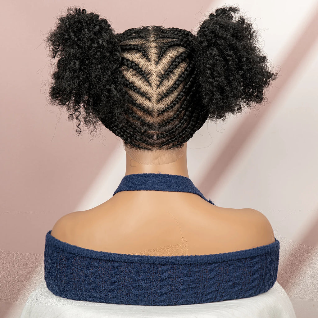 6 Inch Afro Cornrow Braided Wigs with Baby Hair Synthetic Full Lace Braid Wig Double Ponytail Bun Head Knotless Wig