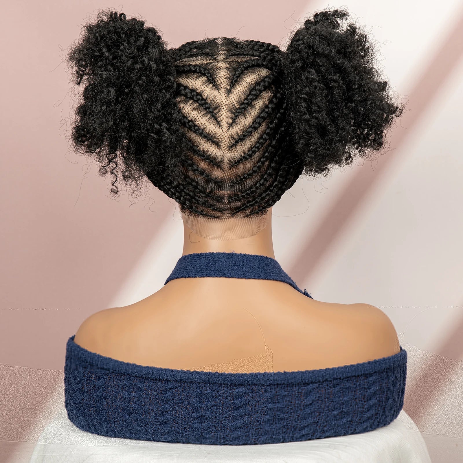 6 Inch Afro Cornrow Braided Wigs with Baby Hair Synthetic Full Lace Braid Wig Double Ponytail Bun Head Knotless Wig