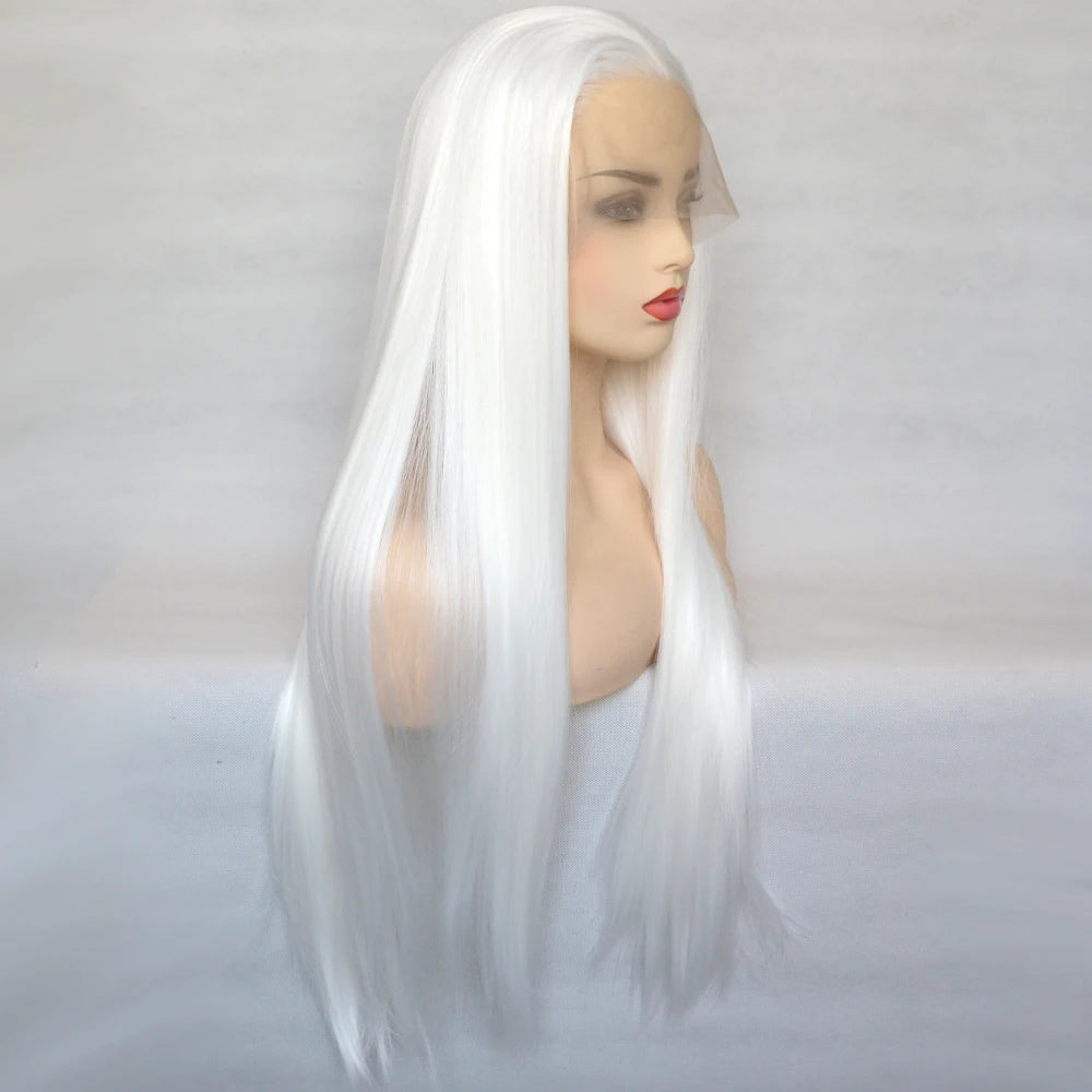 Voguequeen Platinum Blonde Synthetic Lace Front Wigs Silky Straight Heat Resistant Fiber Daily Wear For Women