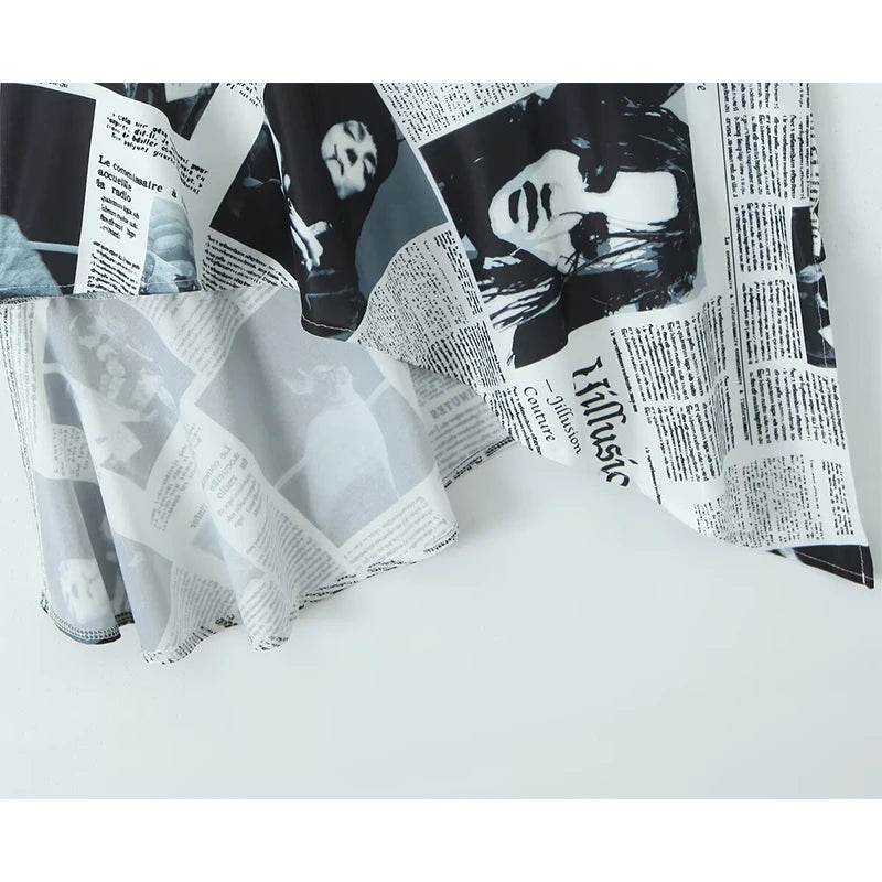 YENKYE New Women Newspaper Letter Print Irregular Hem Sling Dresses Fashion Backless Thin Straps With Chain Summer Sexy Dress