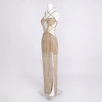 Sexy Gold Sequin Evening Dresses for Women – Luxury Crystal Beaded Prom Dress with High Slit Formal Party Mermaid Gown for Gala