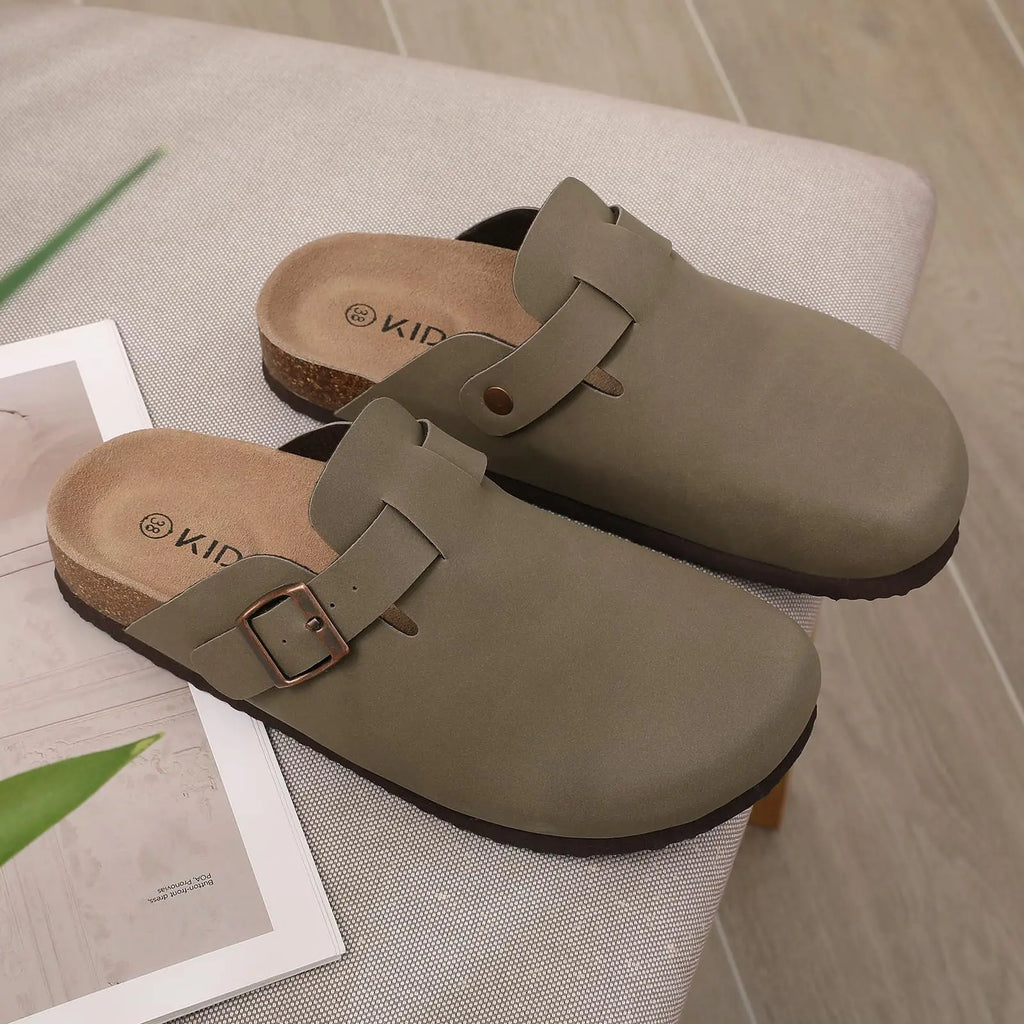 Comwarm Fashion Men's Suede Mules Slippers New Women Clogs Cork Insole Sandals With Arch Support Outdoor Beach Slides Home Shoes