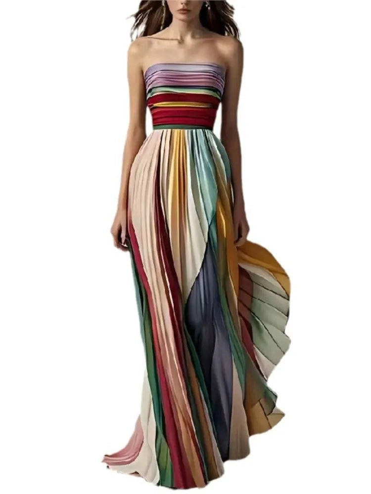 Women's Summer Printing Patchwork Maxi Dress Sleeveless Fashion Holiday Party Dresses Elegant Strapless Ladies Dress Vestidos