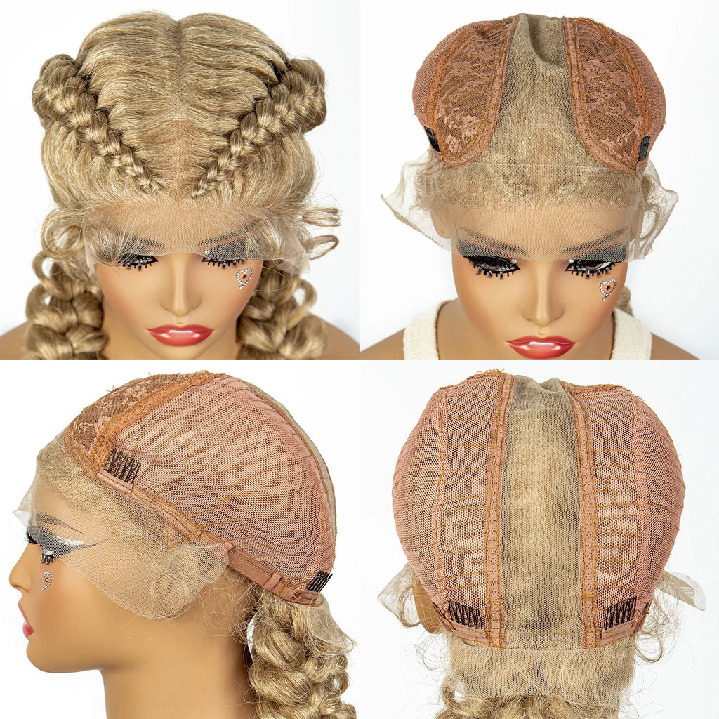 1B/30 Dark Brown Synthetic Lace Frontal Dutch Box Braided Wigs for Black Women Fishtail Braids Wigs with Baby Hair Cornrow Wigs